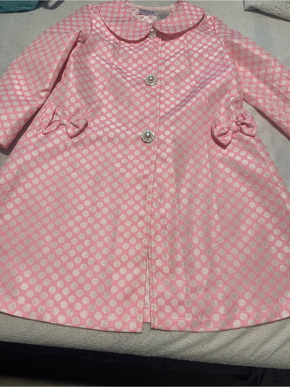 Blueberi Boulevard Pink Polka Dot Girls' 6/6X Coat with Peter Pan Collar